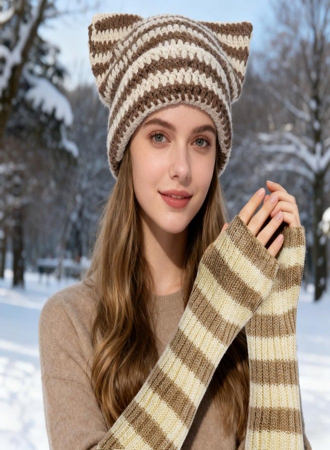 Sdfvsdg Crochet Hats for Women Cat Beanie with Fingerless Gloves Cute Fox Cat Ears Hat Slouchy Beanies Grunge Accessories Brown - Image 4